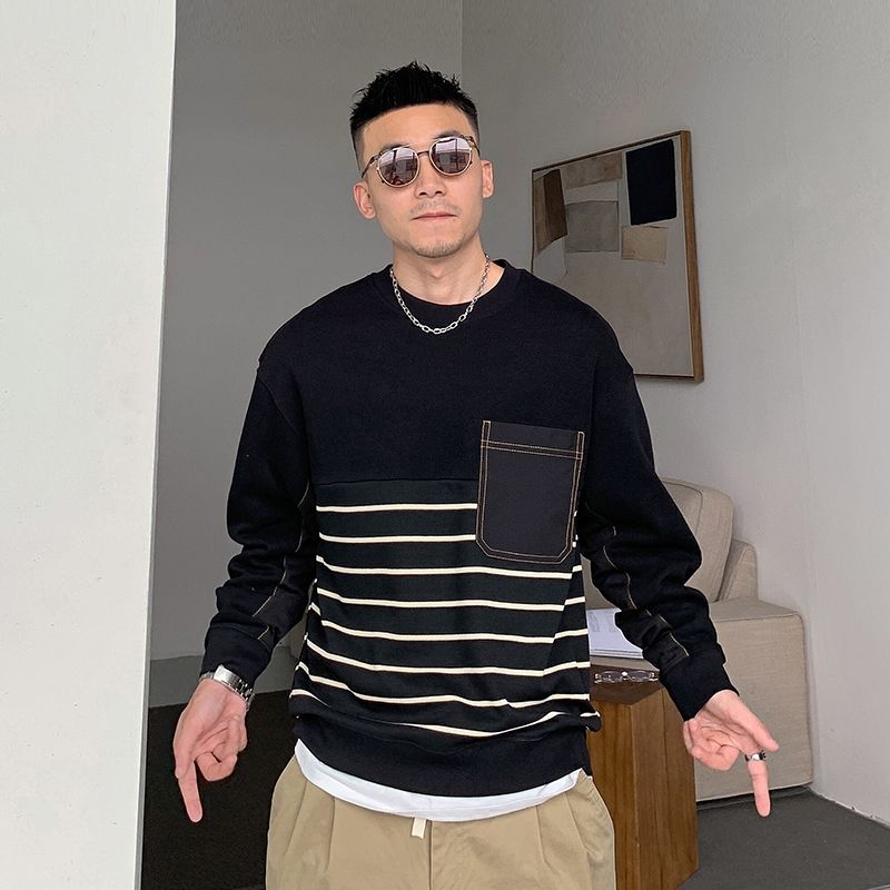 Autumn and Winter Men's Round Neck Stitching Striped Sweater Long-sleeved Loose Jacket Casual Thick Warm Top