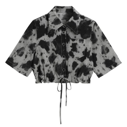 Short Hong Kong-style Tie-dye Shirt Women's Summer Thin Retro Shirt All-match Drawstring Waist Top Trendy Ins