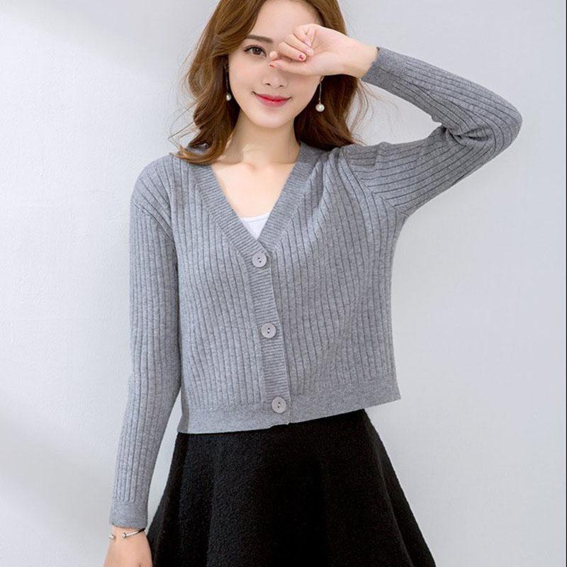 Spring and Autumn Knitted Cardigan Sweater Short Slim All-match Top Solid Color Long Sleeve Women's Jacket