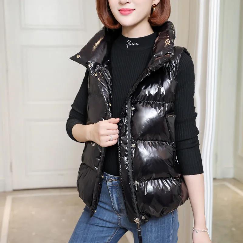 Autumn and Winter Women's Vest Short Down  Korean Patent Leather Bright Top Solid Color Sleeveless Jacket