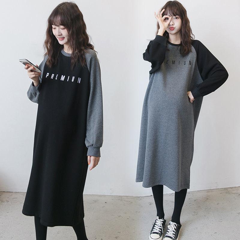 Spring and Autumn Maternity Sweatshirt Mid-length Loose Large Size Dress Long Sleeve Splicing Color Top