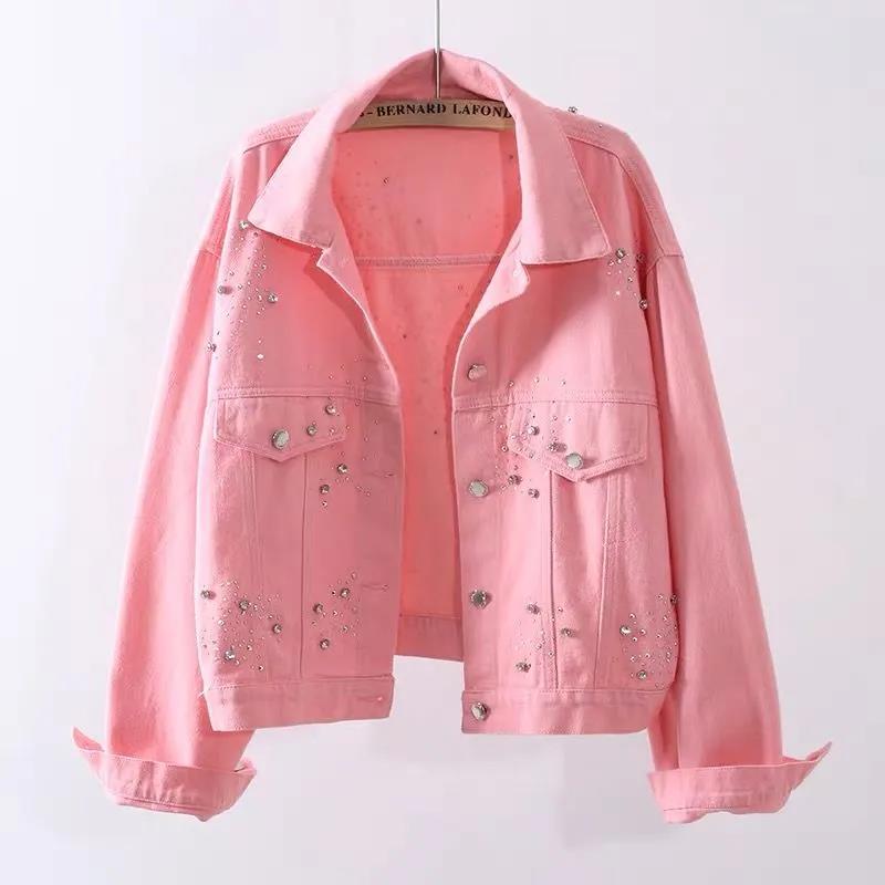 Candy-colored Denim Jacket Women's Short 2021 Spring and Autumn Loose Diamond-studded Student Jacket