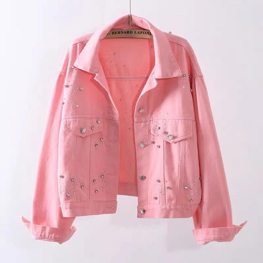 Candy-colored Denim Jacket Women's Short 2021 Spring and Autumn Loose Diamond-studded Student Jacket
