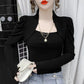 Women's Spring and Autumn Long Sleeve Puff Sleeve Bottoming Shirt Square Collar Slim Top