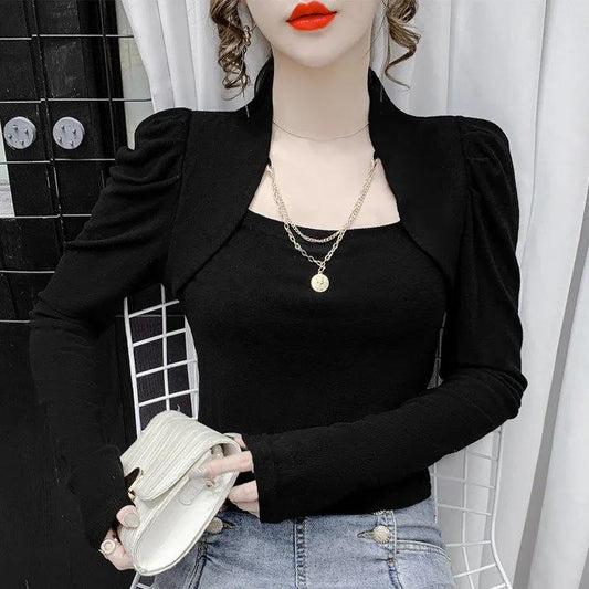 Women's Spring and Autumn Long Sleeve Puff Sleeve Bottoming Shirt Square Collar Slim Top