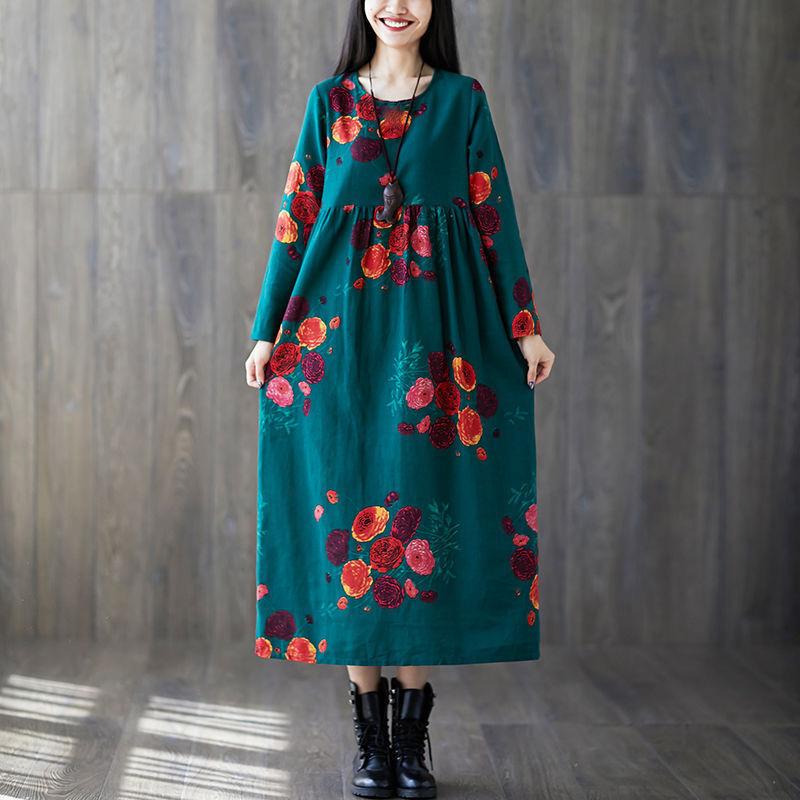 Ladies Spring and Autumn Long-sleeved Dress Retro Loose Large Size Ethnic Style Long Print New A-line Skirt