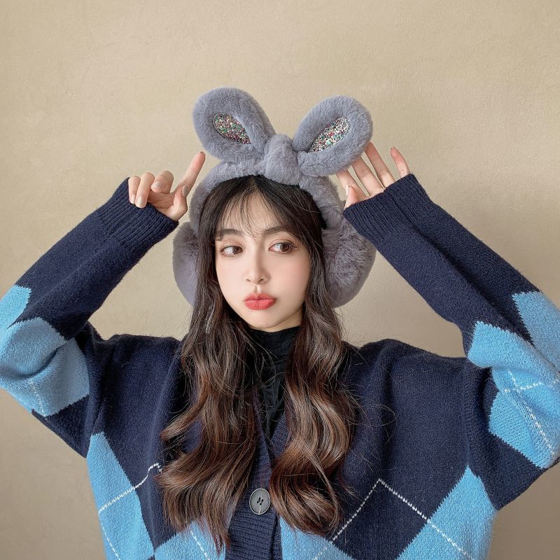 Women's Winter Soft Cute Rabbit Ear Bowknot Sequins Earmuffs Warm Cycling Ear Protection Windproof Antifreeze Plush Ear Pad Cover Rabbit Ears Earflap