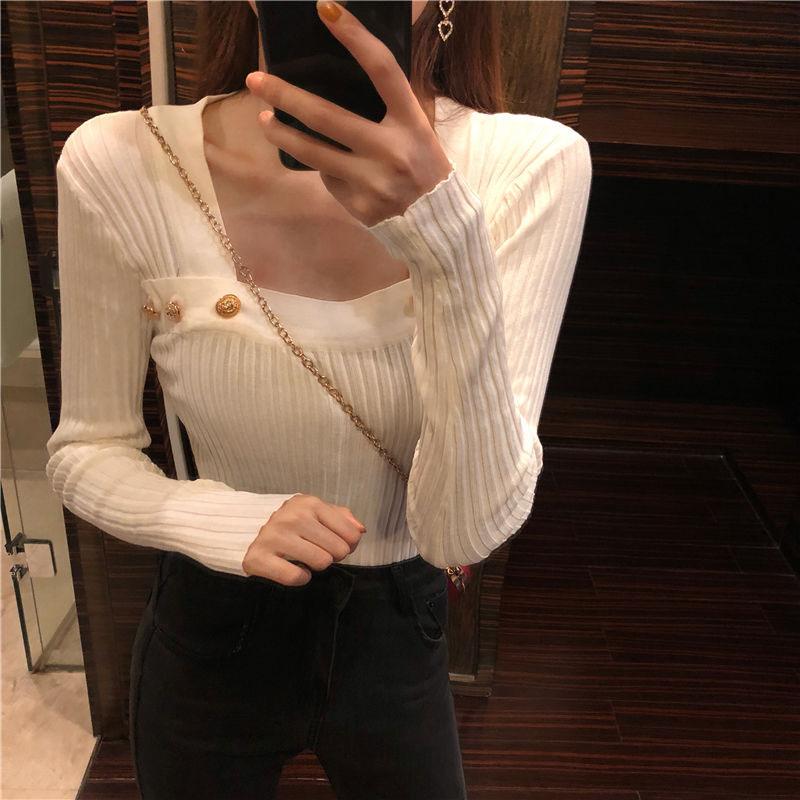Spring and Autumn All-match Tight Top with Sexy Knit Bottoming Shirt Fashionable Slim Female Top