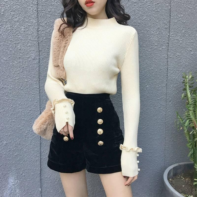 Slim Pullover Sweater Women Beaded Long-sleeved Knitted Half Turtleneck Bottoming Shirt