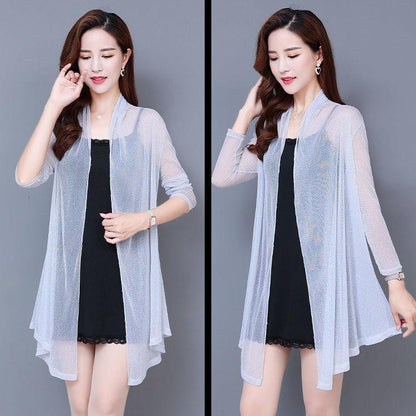 Plus Size Shawl Mesh Mid-length Coat Women's Thin Long-sleeved Waistcoat Loose Fashion Cardigan