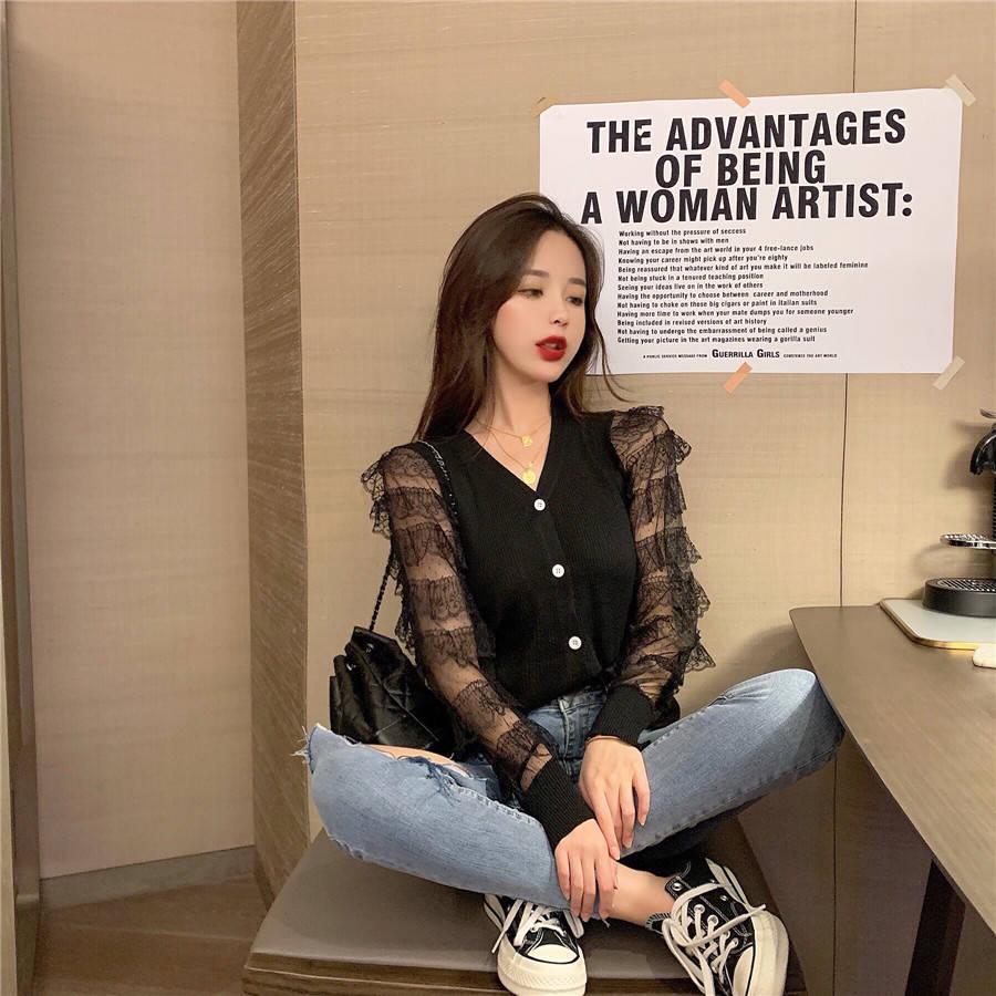 Pofulove Chic Crew Neck Lace Cuffs Base Knitwear Skin-friendly High Elastic Button Jumper Sweater