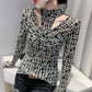 Fashion Hollow Bottoming Shirt Letter Printing Long-sleeved Pullover T-shirt Personality Street Women's Top
