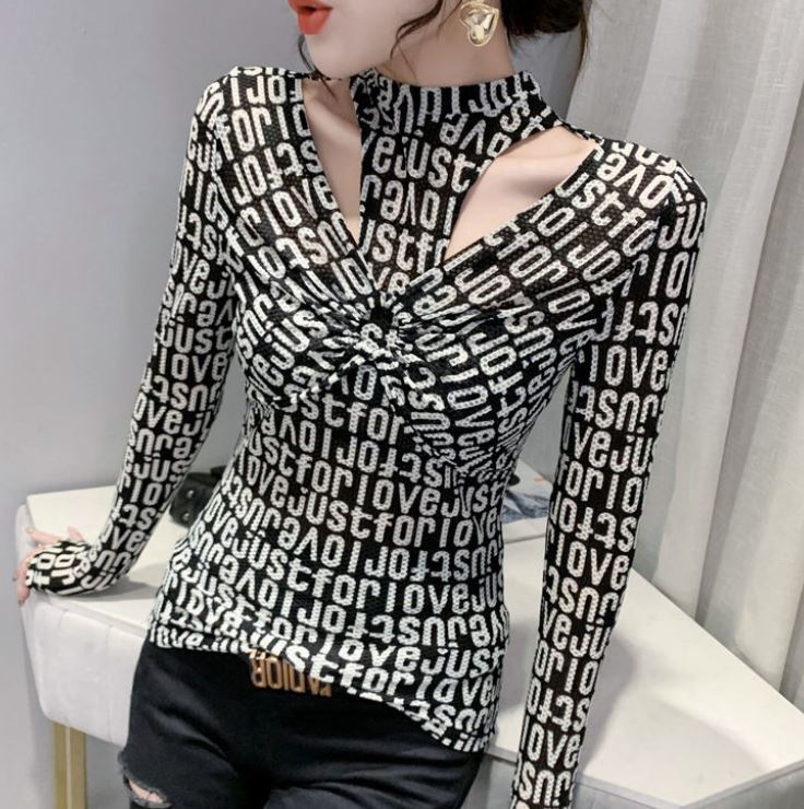 Fashion Hollow Bottoming Shirt Letter Printing Long-sleeved Pullover T-shirt Personality Street Women's Top
