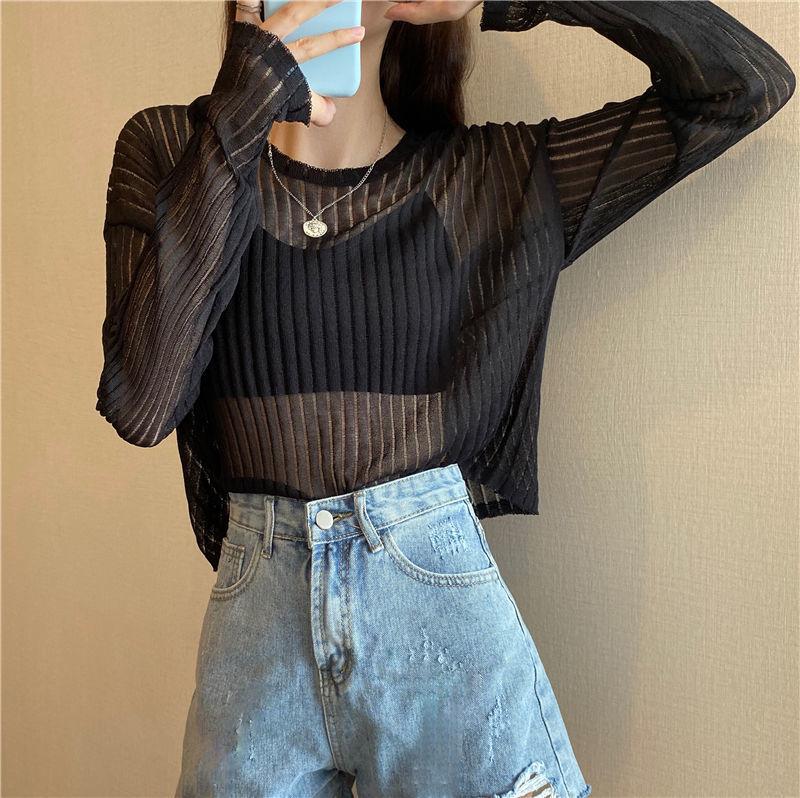 Loose and Thin Long-sleeved Hollow Knitted Sweater Women's All-match Sunscreen Shirt Top Sexy See-through Dress