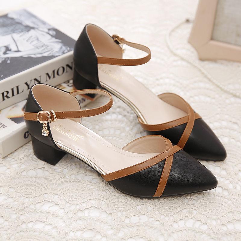 Baotou Sandals Female 2020 Spring and Summer Word Buckle Thick Heel with Wild Matching Color Matching Korean Pointed Single Shoes Women