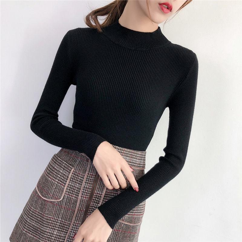 Autumn and Winter Half Turtleneck Sweater Short Knit Bottoming Shirt European and American Style All-match Female Top