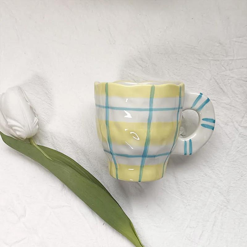 Korean Ins Hand-squeezed Ceramic Irregular Hand-painted Mug Milk Cup Breakfast Cup Coffee Cup Water Cup High Value