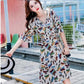 Fashion Summer Cotton Dress Mid-length Elasticated Wasit Printed Dress V-neck Flared Sleeves Dress