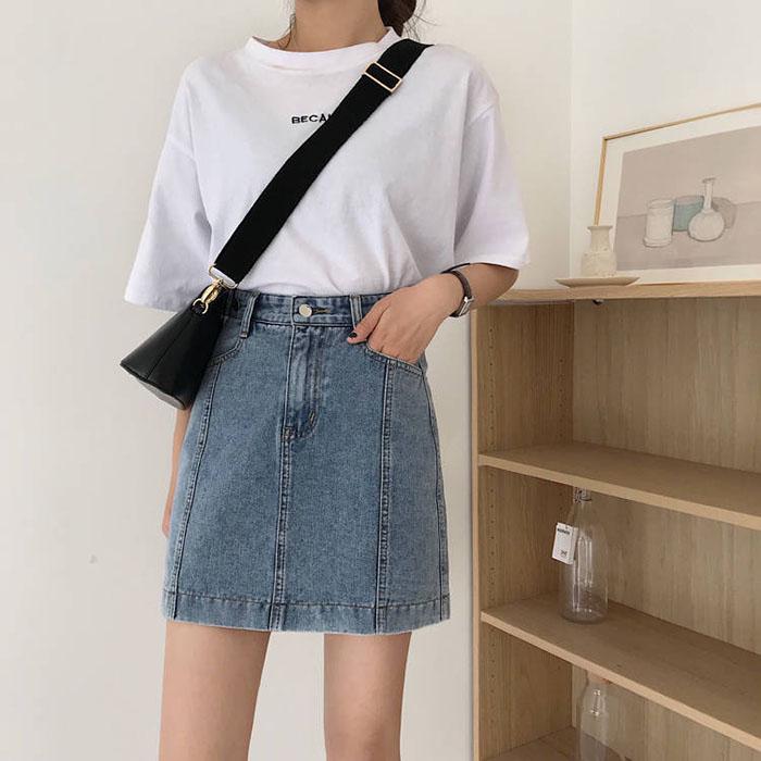 Pofulove Women Retro Anti-light Denim Skirt High Waist Slim Package Hip Skirt Mini A-line Skirts