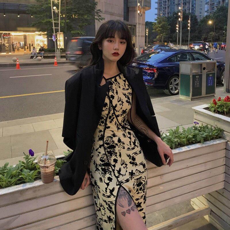 Spring Summer Sleeveless Split Dress French Niche Strap Temperament Retro Improved Cheongsam Dress