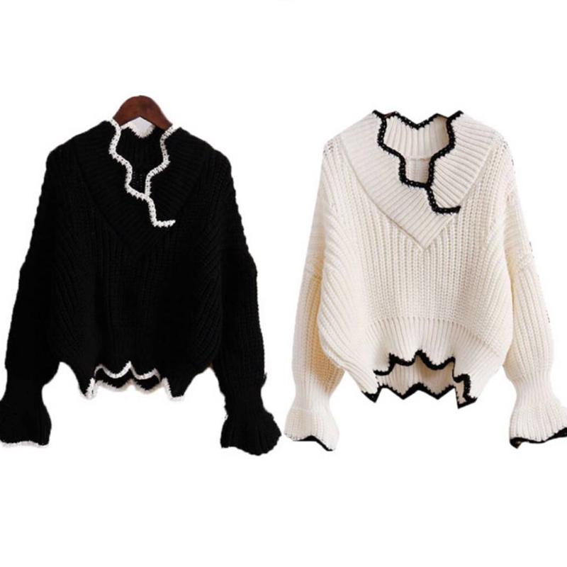 Off Shoulder Knitted Lady's Sweater Batwing Sleeve Crochet Wave Cut Hem Loose Pullovers