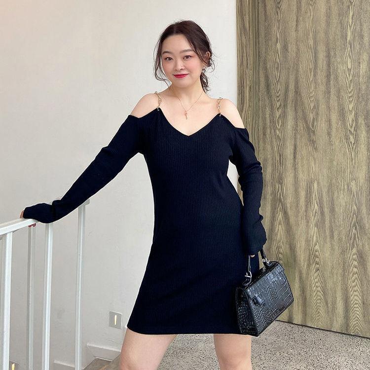 XXXXL Plus Size Women's Clothing Chain Sexy Babes Sling Dress Hollow Out Strapless Long Sleeve V-neck Black Skirt