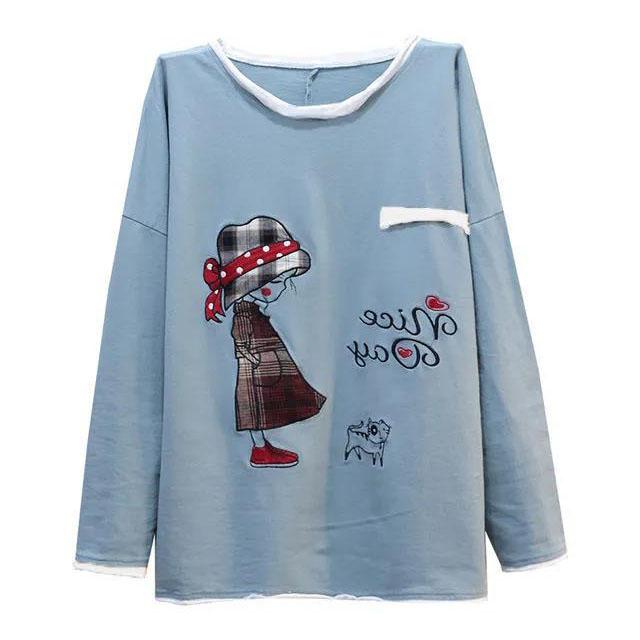 Large Size Little Girl Print T-shirt Casual Loose Pullover Ladies Long Sleeve Shirt Summer