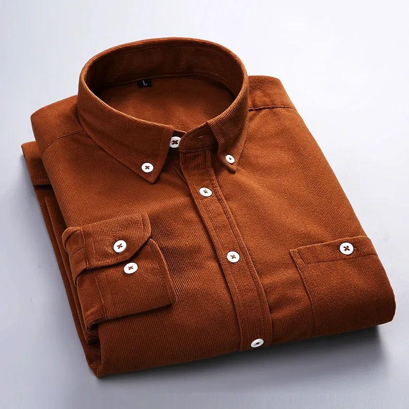 Corduroy Slim Fit Long Sleeve Shirt Men's Solid Color Casual Shirt Spring High Quality Pocket Lapel Shirt