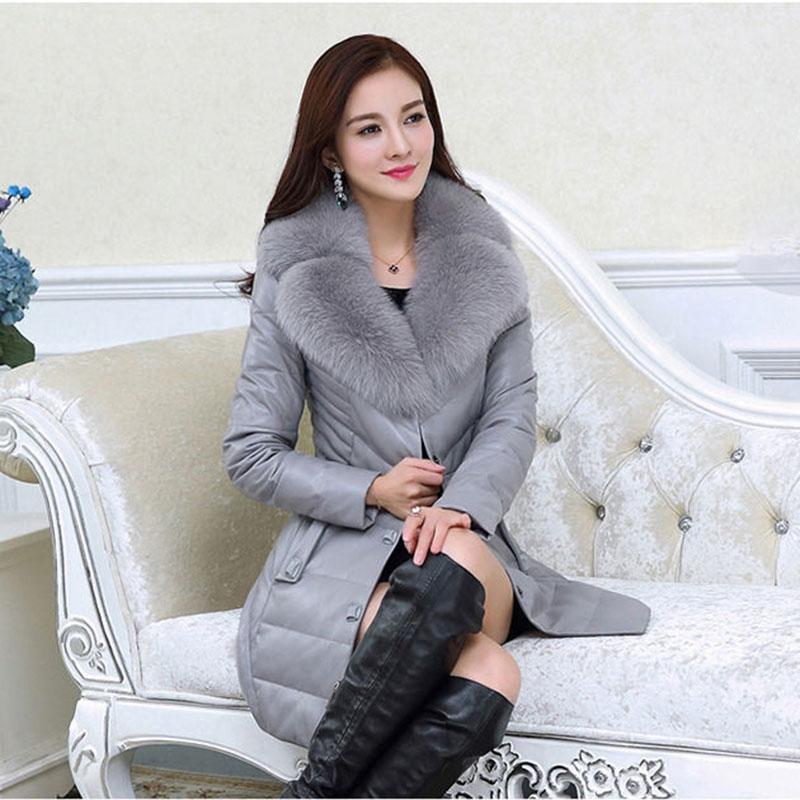 Winter Thick Leather Coat Slim Mid-length  Windproof and Waterproof Leather Jacket with Fur Collar Plus Size  Leather Trench Coat