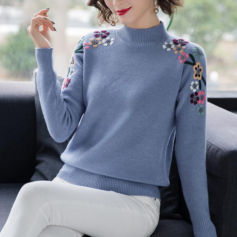 Sweater Women's Half Turtleneck Pullover Knitwear Top Embroidered Loose Pure Color Trending Sweater Autumn and Winter Lady Style