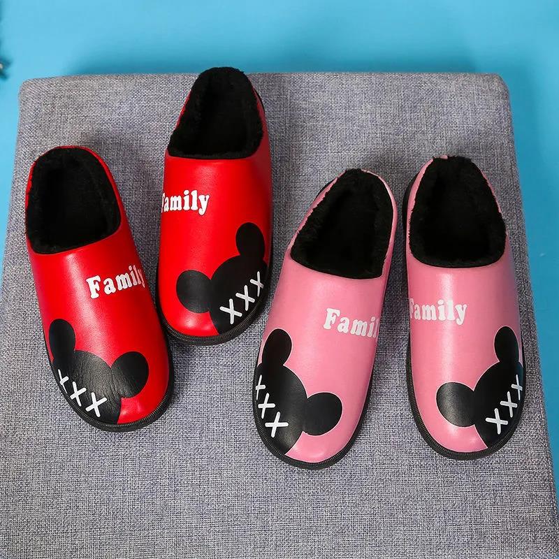 Winter Ladies Leather Warm Slippers Plus Velvet Thickening Plus Cotton Non-slip Wear-resistant Waterproof Cotton Slippers