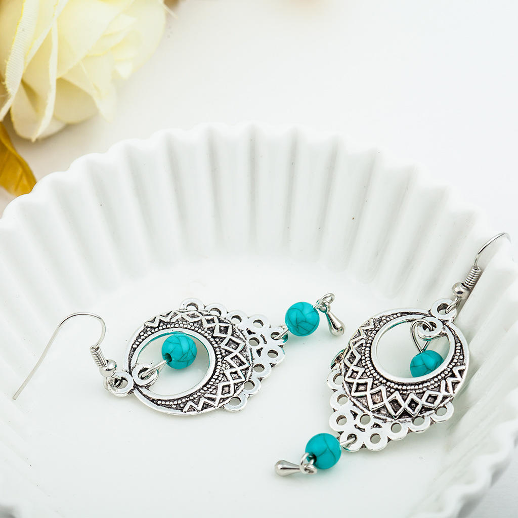 Fashion Vintage Ethnic Style Openwork Turquoise Water Drop Earrings Bohemian Tassel Earrings Jewelry