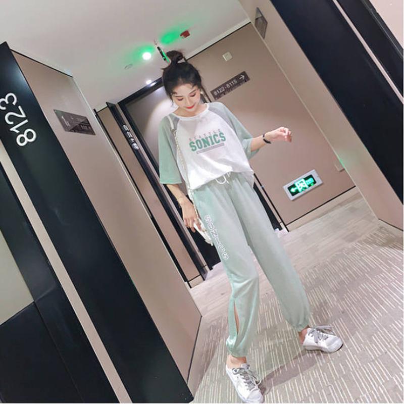 Cute Casual Sportswear Suit Female Summer Two-piece Suit Loose Cool Round Neck Short-sleeved T-shirt + Loose Sports Pants Fabric Light and Breathable