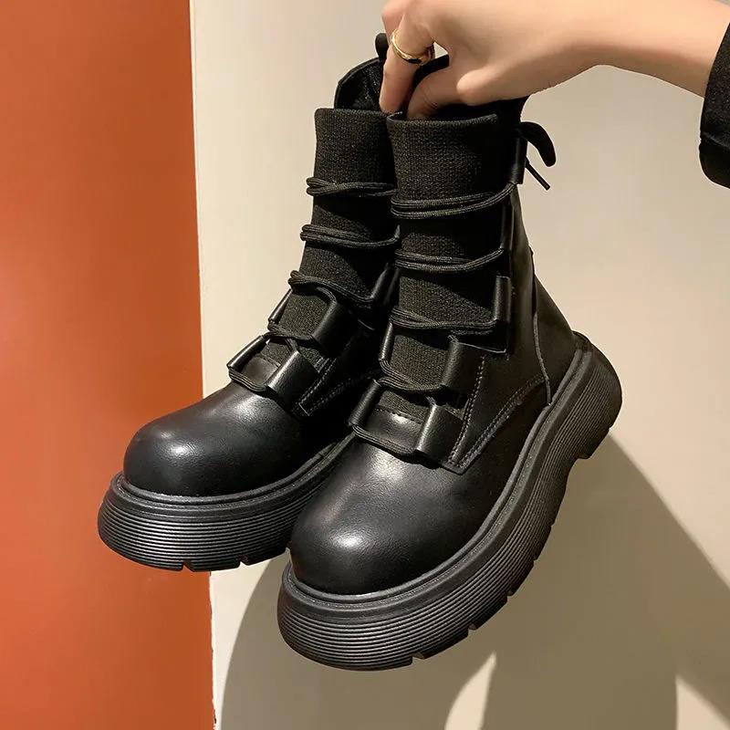 Winter Women's Martin Boots Thick and Fleece Mid-tube Boots Knitted Lace-up Platform Boots