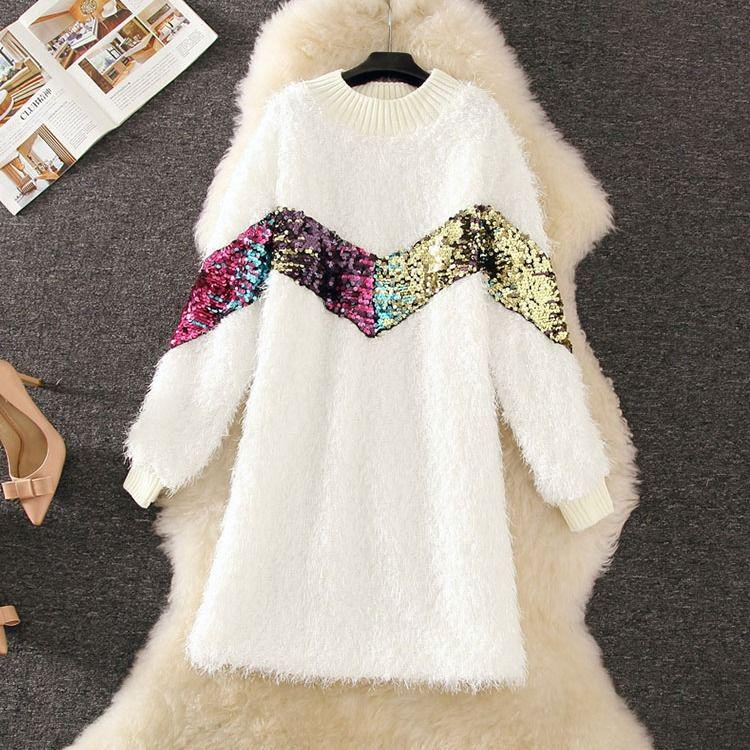Autumn and Winter Fashion Loose Coat Half High Neck Sequined Tassel Sweater Mid-length Base Dress Women