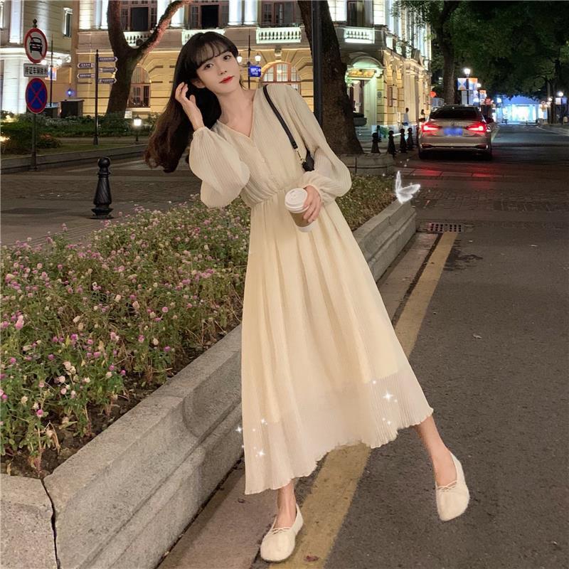 Spring Summer Women's Knee-length Dress French Gentle Wind V-neck Chiffon Solid Color Long-sleeved Dress
