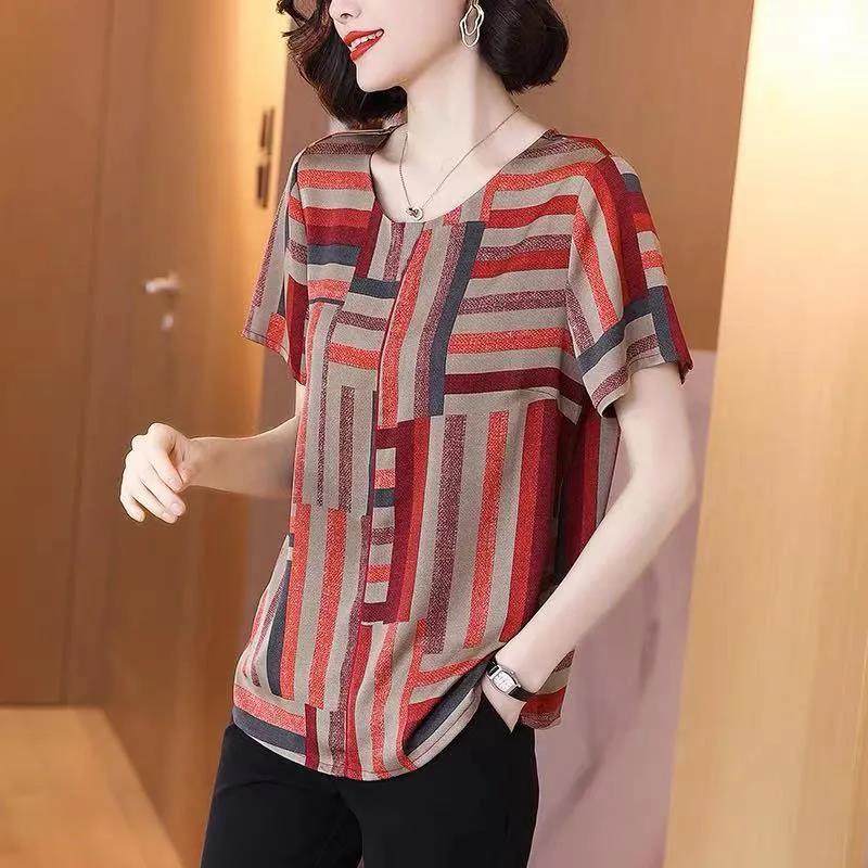 Loose Casual Top Short-sleeved T-shirt Women's Hit Color Age Thinner Summer New Irregular Striped Top Cool and Breathable