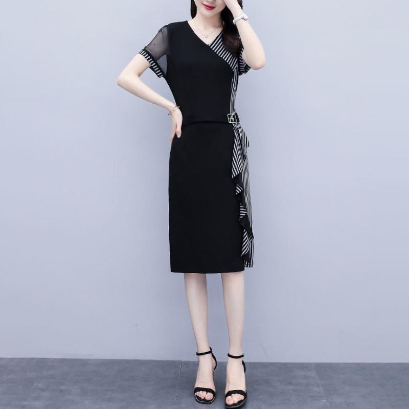 Black Dress Plus Size Women's Spring Summer New Style Temperament Covering Belly Waist Was Thinner Long Skirt