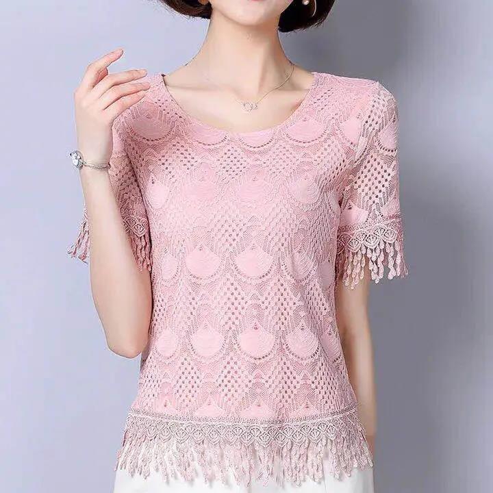 Summer Women's Loose Lace Round Neck Short Sleeve Large Size All-match Top