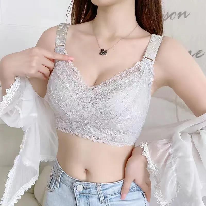 Female Hollow Lace Ruffled Light, Comfortable and Breathable Large Size Top Support Gathering Thin Section No Steel Ring No Trace Sexy Adjustable Bra