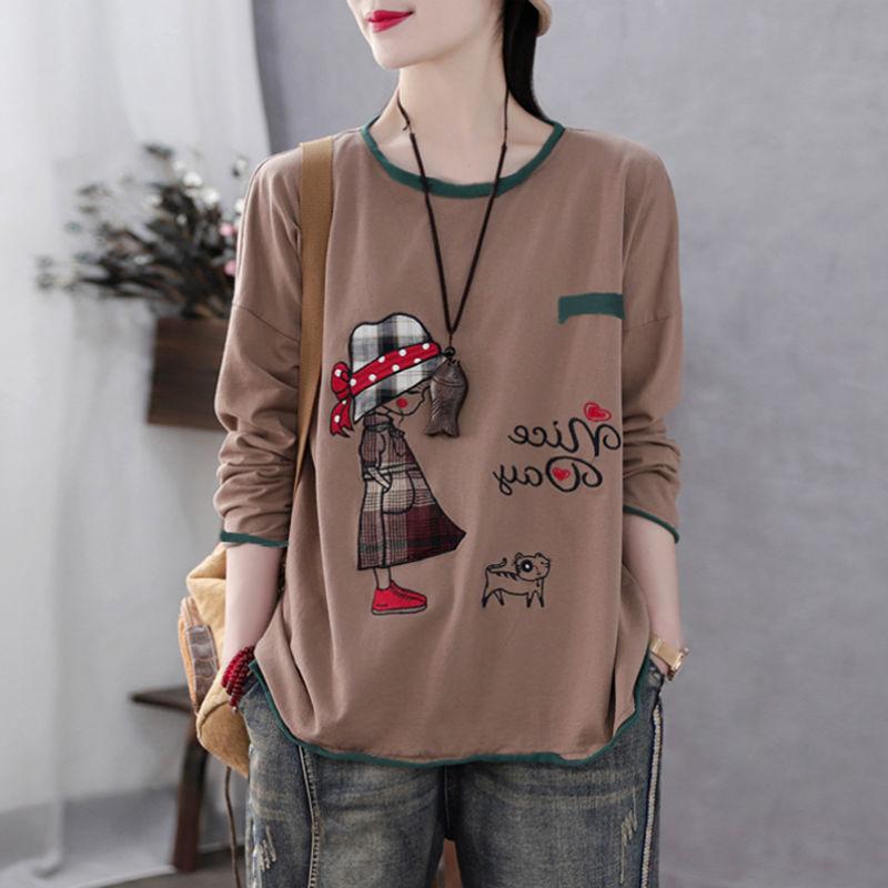 Large Size Little Girl Print T-shirt Casual Loose Pullover Ladies Long Sleeve Shirt Summer