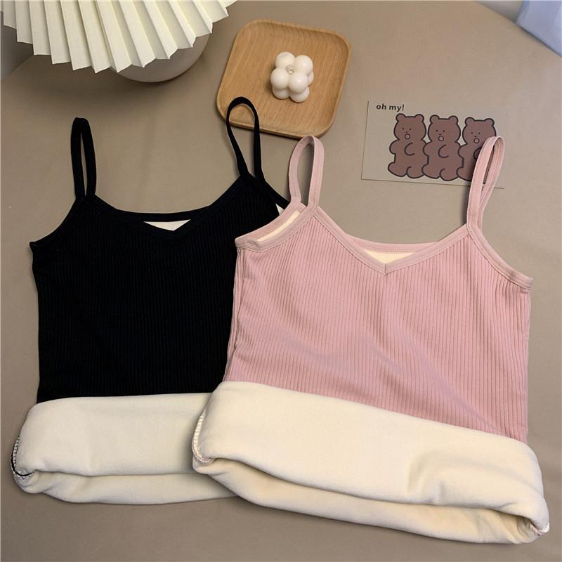 Winter Camisole Crop Top Women Plus Velvet Bralette Spaghetti Strap Corset Tank Top Winter Warm Thermal Vest Innerwear Bralets Yk2 Cami Black