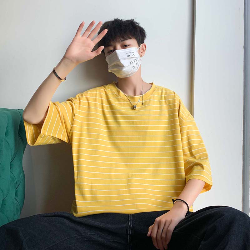 Pure Cotton Short-sleeved T-shirt Men's Summer Loose Striped Five-point Sleeve Student Short-sleeved Shirt