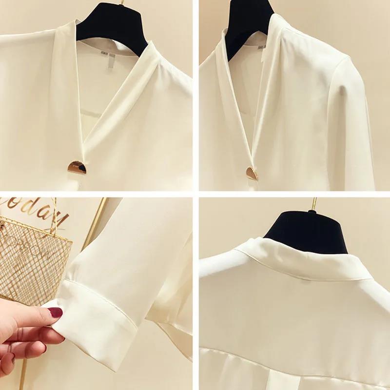 White Shirt Temperament Was Thin V-neck Long-sleeved Loose Solid Color Shirt Female Super Fairy Blouse Work Clothes Suit with Shirt