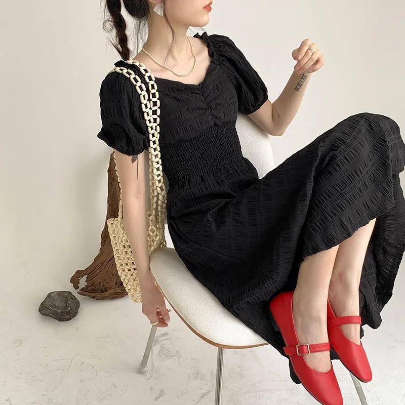 Women's Summer Puff Sleeve Dress Solid Color Chiffon Slim V-neck Long Skirt