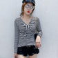 Women's Spring and Autumn Long Sleeve Bottoming Shirt Striped V-Neck Slim Top