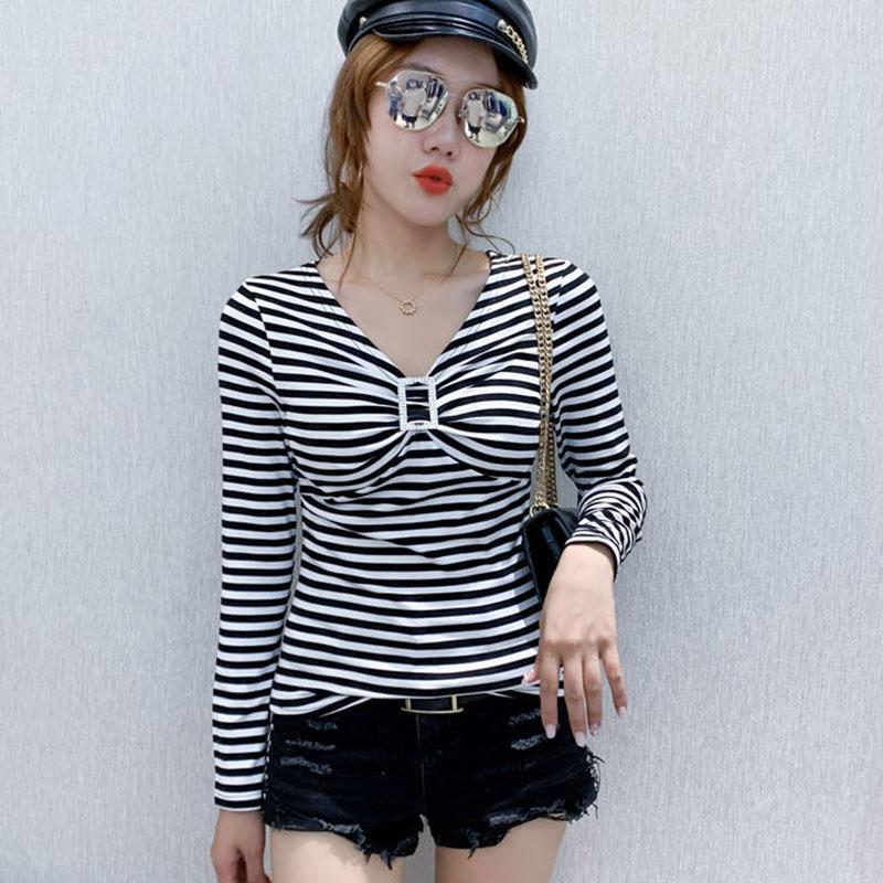 Women's Spring and Autumn Long Sleeve Bottoming Shirt Striped V-Neck Slim Top