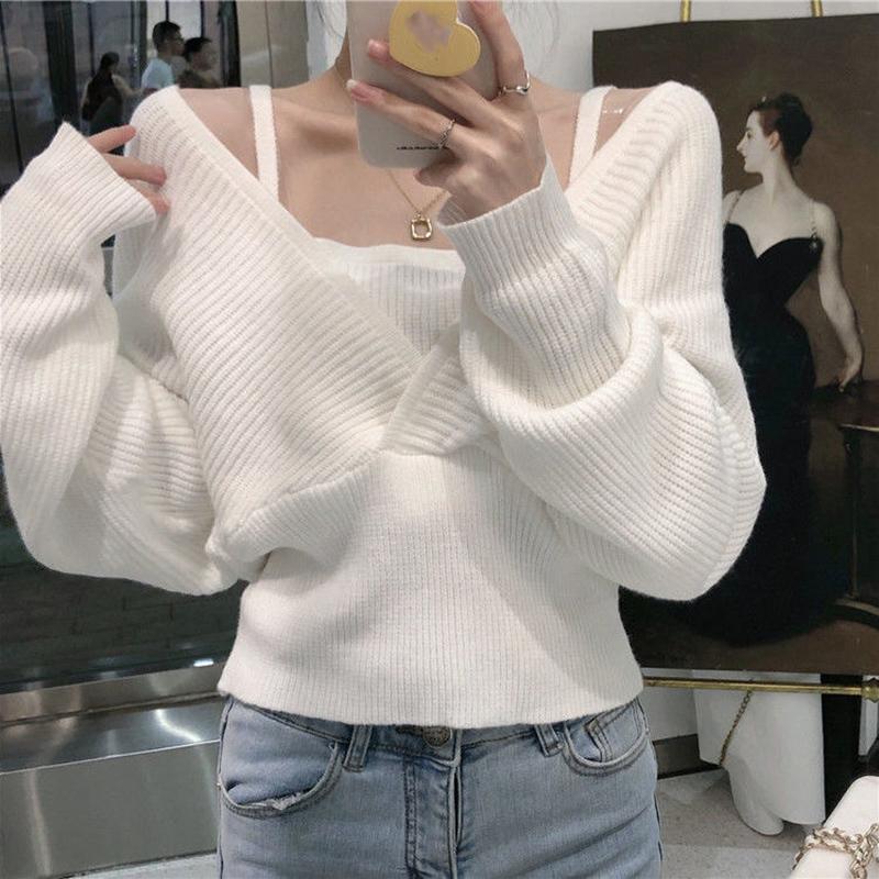 Design Sense French Niche Waist Sleeves Are Thin, Fake Two-piece Clavicle Strapless Large Size Long-sleeved Sweater Women's Blouse
