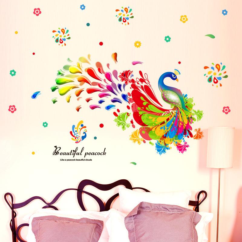 PVC environmentally friendly removable colorful peacock living room bedroom wall decoration stickers