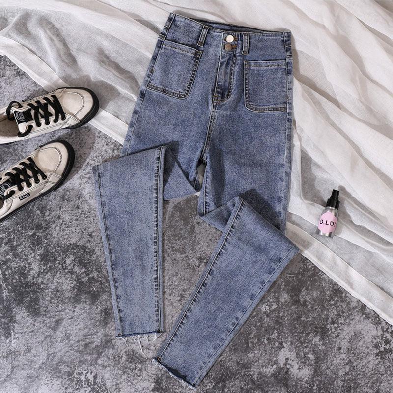 WTEMPO Women's Stretch High Waist Jeans Pencil Cotton Pants Student Wear High-rise Elasticated Jeans